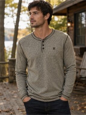 Hurley Buckle Exclusive Heather Brown/Taupe Long Sleeve Henley Large